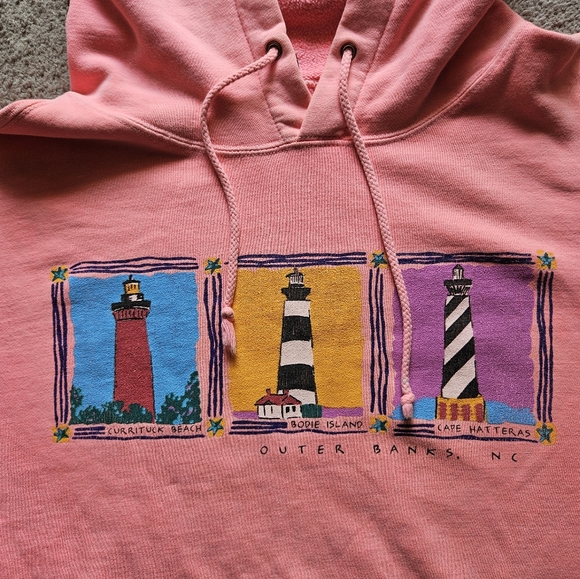 Vintage 90s pink Icantoo sport  "lighthouses of outerbanks NC" hoodie. Size med. - Picture 2 of 5